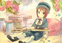  bow brown_eyes brown_hair buttons commentary_request female full_body green_eyes hat heterochromia kodona lolita_fashion necktie needle pants pantyhose pepepe_(pixiv44901) pillow porkpie_hat ribbon rozen_maiden scissors shawl shoes short_hair sitting smile solo souseiseki string white_pantyhose 