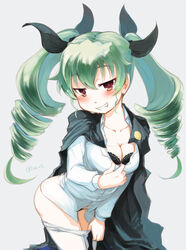  anchovy_(girls_und_panzer) anzio_school_uniform black_bra black_panties blush bra breasts cape cleavage clothes_pull collarbone commentary_request drill_hair female girls_und_panzer green_hair grin hair_ribbon highres kannasetsuna lace lace-trimmed_bra lace_trim long_hair looking_at_viewer medium_breasts oerba_yun_fang panties pantyhose pantyhose_pull photoshop_(medium) red_eyes ribbon school_uniform simple_background smile solo twin_drills twintails underwear uniform white_pantyhose 