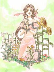  aerith_gainsborough brown_hair closed_eyes dress female final_fantasy final_fantasy_vii flower gotoh_kanade knd_510 kneeling long_hair nature pink_ribbon plant ponytail ribbon solo 