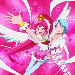  1boy :d aino_megumi arm_up bad_id bad_pixiv_id bishounen blue_(happinesscharge_precure!) blue_eyes blue_hair brooch carrying cure_lovely female full_body happinesscharge_precure! heart heart_brooch high_ponytail highres jewelry lipstick_mark long_hair magical_girl mont_blanc_(heartcatch_ayaya) open_mouth pants pantyhose pink_background pink_eyes pink_hair pink_skirt ponytail precure princess_carry shirt skirt smile super_happiness_lovely tiara white_legwear wide_ponytail wrist_cuffs 