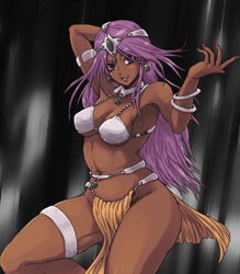  armlet armor belly_chain bikini_armor bracelet breasts choker circlet commentary_request dancer dancing dark-skinned_female dark_skin dragon_quest dragon_quest_iv female forehead_jewel gem green_gemstone hanemikakko jewelry large_breasts loincloth long_hair manya_(dq4) nail_polish navel pelvic_curtain purple_eyes purple_hair smile solo wide_hips 