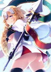  ass banner bell bikini bikini_top_only black_bikini black_gloves black_thighhighs blonde_hair blue_eyes bow braid breasts capelet closed_mouth commentary_request cosplay cowboy_shot dress elbow_gloves fate/grand_order fate_(series) female flipped_hair from_behind from_below fur-trimmed_capelet fur-trimmed_gloves fur_trim gloves hair_between_eyes headpiece highres holding holding_weapon jeanne_d&#039;arc_(fate) jeanne_d&#039;arc_(ruler)_(fate) jeanne_d&#039;arc_alter_santa_lily_(fate) jeanne_d&#039;arc_alter_santa_lily_(fate)_(cosplay) koruta_(nekoimo) lance legs_apart light_particles long_hair looking_at_viewer looking_back medium_breasts multicolored_bow polearm short_dress single_braid smile solo standing swimsuit thighhighs underboob upskirt very_long_hair weapon white_capelet white_dress 