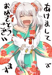  ^_^ ^o^ azu_(azu401) bad_id bad_twitter_id bare_shoulders bird chicken chinese_zodiac closed_eyes female grey_hair highres japanese_clothes kimono male_chicken new_year off_shoulder simple_background solo tejina_senpai tejina_senpai_(series) translated white_background year_of_the_rooster 