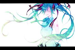  adapted_costume aqua_hair bad_id bad_pixiv_id bow bowtie closed_eyes colored_eyelashes eyelashes female gradient_hair hair_ribbon hatsune_miku ibuki_(ukrock31) letterboxed long_hair multicolored_hair open_mouth pleated_skirt ribbon shirt simple_background skirt sleeveless sleeveless_shirt solo twintails vocaloid voice_(vocaloid) 