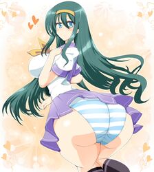  ass blue_eyes breasts curvy female female from_behind green_hair hair_ornament hairband heart huge_ass huge_breasts leaning_forward long_hair looking_back miniskirt original panties pantyshot school_uniform shirt skirt small_waist socks solo standing striped striped_panties thick_thighs thighs underwear upskirt wedge wide_hips 