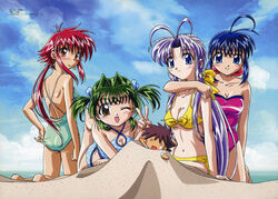  4girls ;d absurdres aihara_kaori_(mamotte_shugogetten!) antenna_hair bannanchiten_kiryuu beach bikini blue_hair breasts character_doll cleavage day front-tie_top green_hair hair_intakes highres kneeling lying mamotte_shugogetten! medium_breasts multiple_girls navel official_art on_stomach one-piece_swimsuit one_eye_closed oonishi_youichi open_mouth outdoors purple_hair red_hair sand scan shichiri_tasuke shugogetten_shaolin sitting smile swimsuit v yamanobe_shouko 