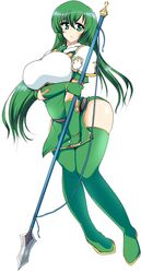  boots breast_hold breasts elbow_gloves female female fingerless_gloves fire_emblem fire_emblem:_monshou_no_nazo gloves green_eyes green_hair huge_breasts leaning_forward legs long_hair nintendo paola polearm simple_background solo spear standing thighhighs weapon wedge white_background 