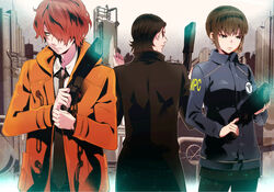  2boys black_hair brown_hair commentary_request dominator_(gun) female gun hair_over_one_eye highres hinakawa_shou kuso_bba long_hair multiple_boys psycho-pass red_hair shimotsuki_mika short_hair tougane_sakuya weapon 