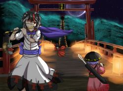  2girls bad_id bad_pixiv_id bandaged_arm bandages bandaid bandaid_on_face bandaid_on_nose black_hair bowl bowl_hat bridge doll dress epic_armageddon grey_horns hat hill horns impossible_spell_card instrument japanese_clothes jizou kijin_seija kimono multicolored_hair multiple_girls music needle new_moon nimble_fabric one_eye_closed playing_instrument purple_hair red_eyes red_hair sheath sheathed short_hair small_horns streaked_hair sukuna_shinmyoumaru touhou white_hair 