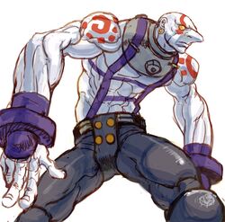  1boy bald bingoman colored_skin commentary earrings hoop_earrings jewelry long_nose male_focus muscular necro_(street_fighter) no_pupils photoshop_(medium) solo street_fighter street_fighter_iii_(series) tattoo topless_male white_skin yellow_eyes 