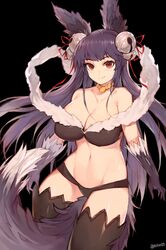  animal_ears arms_at_sides bare_shoulders bell between_legs black_background breasts choker cleavage collarbone commentary erune eyebrows female fox_ears fur_trim granblue_fantasy groin hair_ornament hair_ribbon highres jewelry large_breasts long_hair looking_at_viewer mukka purple_hair red_eyes ribbon simple_background smile solo stomach tail tail_between_legs thighhighs twitter_username yuel_(granblue_fantasy) 