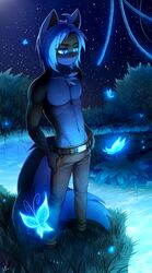  2017 ambient_arthropod ambient_butterfly ambient_flier ambient_insect ambient_silhouette anthro arthropod belt blue_body blue_eyes blue_fur blue_hair bottomwear butterfly canid canine clothing coff detailed_ambient_creature echelon_kayari fantasy felid fox fur glowing glowing_silhouette group hair heterochromia hi_res hybrid insects leaf lepidopteran male mammal nature night outside pants river silhouette sky smile solo_focus standing star water 