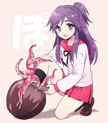  50yen_(gojiue) :d ai_mai_mii animal blush commentary_request female long_hair looking_at_viewer octopus open_mouth ponoka-sempai purple_eyes purple_hair school_uniform serafuku skirt smile tentacle thick_eyebrows vase 