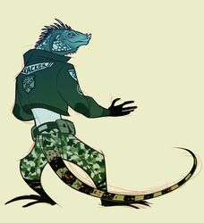  ambiguous_gender anthro camo camo_print clothed clothing iguana iguanid lizard nikolaspascal reptile scalie simple_background solo sub-tympanic_shield 