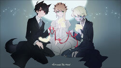  2boys aldnoah.zero animal_ears asseylum_vers_allusia bandages blue_eyes chino_kawashiku commentary dress female formal full_moon green_eyes halloween halloween_costume hat kaizuka_inaho moon multiple_boys necktie photoshop_(medium) red_eyes red_ribbon ribbon slaine_troyard suit symbol-only_commentary tail top_hat werewolf wolf_boy wolf_ears wolf_tail zombie 