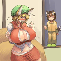  2girls animal_ears blonde_hair blush breasts brown_eyes brown_hair bursting_breasts buttons cat_ears cat_tail caught chanta_(ayatakaoisii) chen chen_(cosplay) cleavage commentary_request cosplay covered_nipples curvy earrings flying_sweatdrops fox_ears fox_tail hands_up highres huge_breasts indoors jewelry looking_at_another multiple_girls multiple_tails nekomata night_clothes open_mouth panties plump red_skirt red_vest room shirt short_hair skindentation skirt sliding_doors slippers stomach sweat tail tears touhou two_tails undersized_clothes underwear vest walk-in white_panties white_shirt wide_hips yakumo_ran 