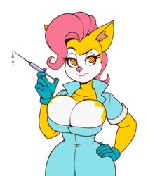  anthro big_breasts breasts cleavage clothed clothing daxzor domestic_cat eyebrows eyelashes felid feline felis female fur gloves hair hand_on_hip handwear hi_res huge_breasts inner_ear_fluff mammal medical_instrument medical_syringe monique_pussycat nurse pink_hair pink_nose raised_eyebrow scientific_instrument simple_background solo super_fuck_friends syringe tuft white_background white_body white_fur wide_hips yellow_body yellow_fur 