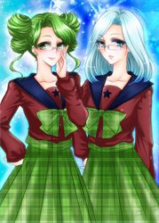  2girls aqua_eyes bishoujo_senshi_sailor_moon bishoujo_senshi_sailor_moon_s blush bow commentary_request glasses green_eyes green_hair hair_bun hand_on_own_hip kiraki long_neck mugen_gakuen_school_uniform multiple_girls neck parted_bangs plaid plaid_skirt ribbon school_uniform short_hair single_hair_bun skirt star_(symbol) tellu_(sailor_moon) tongue viluy_(sailor_moon) white_hair witches_5 