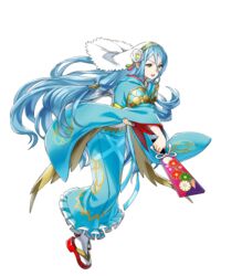  azura_(fire_emblem) azura_(new_year)_(fire_emblem) blue_hair commentary english_commentary female fire_emblem fire_emblem_fates fire_emblem_heroes floral_print full_body hagoita hanetsuki highres holding japanese_clothes kaya8 kimono long_hair long_sleeves obi official_art open_mouth paddle sandals sash solo tabi transparent_background veil very_long_hair 