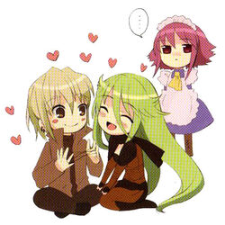  1boy 2girls blonde_hair blush green_hair ito_noizi lowres multiple_girls pheles pink_hair shakugan_no_shana wilhelmina_carmel 