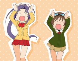  2girls brown_hair caramelldansen commentary_request goggles haruka_(sister_princess) himuro_sara long_hair multiple_girls ponytail purple_hair rinrin_(sister_princess) school_uniform short_hair sister_princess 