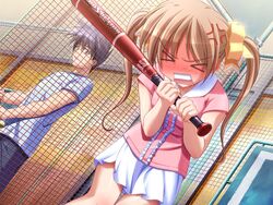  &gt;_&lt; 1boy akiyama_jun&#039;ichi anger_vein angry baseball_bat blush brown_hair closed_eyes dutch_angle embarrassed female full-face_blush game_cg kunugi_ayano murakami_suigun pia_carrot_(series) pia_carrot_e_youkoso!!_g.o. twintails 