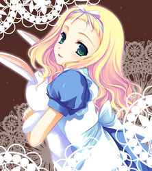  alice_(alice_in_wonderland) alice_in_wonderland apron blonde_hair female green_eyes holding solo tanabe white_rabbit_(alice_in_wonderland) 