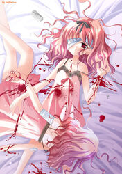  2girls bandages blood copyright_request cuts dress injury long_hair multiple_girls photoshop_(medium) pink_hair ribbon shuuko siblings sisters suicide suicide_pact twins wrist_cutting 