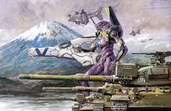  1other absurdres aircraft airplane armor browning_m2 cannon caterpillar_tracks cloud cloudy_sky cockpit crossover day engine eva_01 evangelion_(mecha) fighter_jet flying gun gunship heavy_machine_gun highres holding holding_cannon holding_gun holding_weapon horns jet jet_engine machine_gun mecha military military_vehicle motor_vehicle mount_fuji mountain neon_genesis_evangelion official_art outdoors photoshop_(medium) positron_cannon purple_armor robot scan science_fiction single_horn sky source_request takani_yoshiyuki tank tank_turret thrusters turret type_74_(tank) un_heavy_fighter_jet_(evangelion) vehicle_focus vtol weapon yellow_eyes 