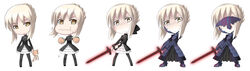  armor armored_dress artoria_pendragon_(fate) burger chibi dress excalibur_morgan_(fate) fate/stay_night fate_(series) female food highres multiple_views pantyhose photoshop_(medium) saber_alter stuffed_animal stuffed_toy sugar_(sugarless) sword weapon 