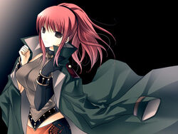  black_eyes breasts coat elbow_gloves female gloves karin_koenig large_breasts long_hair midriff ponytail red_hair shadow_hearts shadow_hearts_ii single_elbow_glove single_glove smile solo trench_coat turtleneck vanilla_(nicolla) 