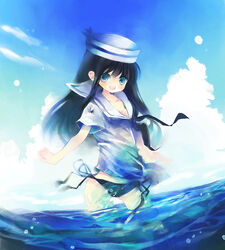  bad_id bad_pixiv_id bikini bikini_bottom_only black_hair blue_eyes day female hat no_pants ocean original pork_pie_sailor_hat sailor_hat school_uniform serafuku shimeko side-tie_bikini_bottom solo swimsuit water 