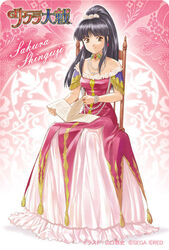  black_hair book brown_eyes chair dress female gown jewelry long_hair necklace official_art on_chair ponytail princess sakura_taisen sakura_taisen_iv shinguuji_sakura sitting solo yamaguchi_yasushi 