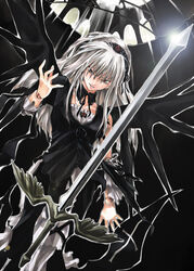  arm_at_side black_dress black_ribbon black_wings collarbone cross-laced_clothes cross_print detached_collar detached_sleeves doll_joints dress female floating floating_object flower frills hairband joints kurokoeda lace_trim long_hair looking_at_viewer outstretched_hand parted_lips red_eyes ribbon rose rozen_maiden solo suigintou sword torn_clothes weapon white_hair winged_sword wings 