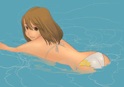  :d afloat ass back barefoot bikini brown_eyes brown_hair eyebrows female from_behind hair_between_eyes kiriman_(souldeep) long_hair looking_at_viewer looking_back open_mouth original outstretched_arm partially_submerged print_bikini smile solo star_(symbol) star_print string_bikini swimsuit white_bikini 