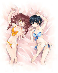  2girls bad_id bad_pixiv_id bed bikini blue_bikini blue_eyes blue_hair blush breasts cleavage earrings from_above jewelry kujikawa_rise lying medium_breasts multiple_girls navel on_back persona persona_4 red_hair shirogane_naoto short_hair side-tie_bikini_bottom string_bikini swimsuit toriniku_(suikyou) twintails yellow_bikini yellow_eyes 