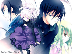  1boy 3girls amber_(darker_than_black) darker_than_black dress glasses green_hair hei_(darker_than_black) kirihara_misaki multiple_girls pantyhose purple_dress purple_eyes vanilla_(nicolla) white_hair yin_(darker_than_black) 