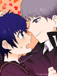  1boy androgynous bad_id bad_pixiv_id blue_hair couple female grey_hair mot narukami_yuu persona persona_4 reverse_trap shirogane_naoto short_hair straight tears 