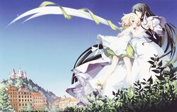  2girls absurdres belle_(katahane) black_hair blonde_hair blush building castle christina_dorn closed_eyes day dress fue_(tsuzuku) gown grass green_eyes highres katahane leaf legs long_hair multiple_girls official_art outdoors scarf scenery short_hair skirt sky standing very_long_hair white_dress wings 