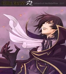  1boy :d ascot black_gloves black_hair code_geass collared_cape gloves kimura_takahiro lelouch_vi_britannia looking_at_viewer male_focus military military_uniform ookouchi_ricca open_mouth purple_eyes smile solo uniform upper_body 