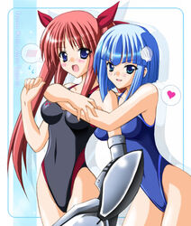  2girls armor bare_shoulders blue_eyes blue_hair blush breasts character_name competition_swimsuit gauntlets hair_ornament hair_ribbon heart hug hug_from_behind imageboard_desourced long_hair mechanical_arms medium_breasts multiple_girls non-web_source one-piece_swimsuit open_mouth red_hair ribbon rosenkreuzstilette scallop shell_hair_ornament short_hair single_mechanical_arm speech_bubble spoken_blush spoken_heart surprised sweatdrop swimsuit trauare_wrede twintails womi yuri zorne_zeppelin 