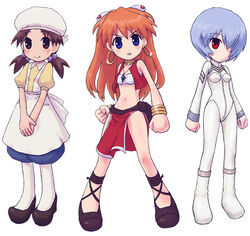  3girls ankle_lace-up apron ayanami_rei bandeau bare_shoulders bloomers blue_eyes blue_hair bodysuit bracelet brown_eyes brown_hair chibi cosplay cross-laced_footwear earrings electra_(nadia) electra_(nadia)_(cosplay) emoncake. freckles fushigi_no_umi_no_nadia gainax hair_ornament hair_over_one_eye hairclip hat horaki_hikari ikolina_(nadia) ikolina_(nadia)_(cosplay) jewelry loincloth long_hair midriff multiple_girls nadia_la_arwall nadia_la_arwall_(cosplay) neck_ring necklace neon_genesis_evangelion pantyhose parody pelvic_curtain plugsuit red_eyes red_hair sandals shoes short_hair simple_background souryuu_asuka_langley strapless tube_top twintails underwear vest white_background white_bodysuit 