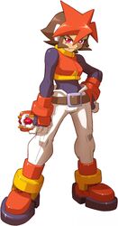  android atlas_(mega_man) belt biometal brown_hair buckle crop_top dyed_bangs female full_body highres holding looking_at_viewer mega_man_(series) mega_man_zx mega_man_zx_advent model_f_(mega_man) multicolored_hair official_art orange_hair red_eyes red_hair short_hair simple_background solo standing white_background yabe_makoto 