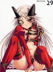  absurdres aldra_(queen&#039;s_blade) belt_bra blush eyepatch female grey_hair highres kantaka long_hair midriff navel queen&#039;s_blade queen_aldra revealing_clothes sitting solo thighhighs yellow_eyes 