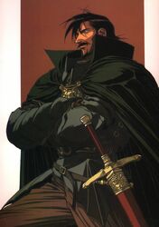  1boy beard black_hair cape facial_hair goatee highres izubuchi_yutaka kashue_(lodoss) male_focus moustache record_of_lodoss_war solo sword weapon 