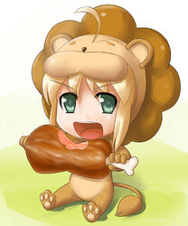  ahoge animal_costume artoria_pendragon_(fate) blonde_hair boned_meat chibi commentary_request cosplay fate/stay_night fate/tiger_colosseum fate_(series) female food green_eyes lion lion_costume looking_at_viewer meat mister_donut open_mouth photoshop_(medium) pon_de_lion pon_de_lion_(cosplay) saber_(fate) saber_lion sitting solo sugar_(sugarless) white_background 