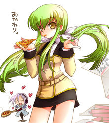  1boy ashford_academy_school_uniform c.c. code_geass eating female food green_hair headphones heart holding holding_food holding_pizza long_hair mao_(code_geass) pizza pizza_hut product_placement school_uniform translated watanabe_sumiko yellow_eyes 