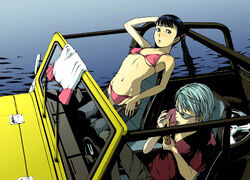  2girls bare_shoulders belt bikini black_hair blue_eyes breasts car cigarette copyright_request denim jeans jeep_(company) jeep_wrangler medium_breasts midriff motor_vehicle multiple_girls pants raglan_sleeves smoking stretching swimsuit twintails underboob undressing yoneda_taishou 