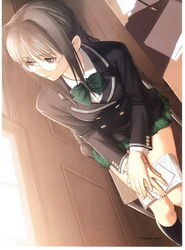  black_hair blazer book bow bowtie braid buttons chair double-breasted female glasses hair_intakes highres hiruda_reia jacket kneehighs legs long_hair non-web_source pink_eyes plaid scan school_uniform shining_(series) shining_wind sitting skirt smile socks solo thighs tony_taka twin_braids twintails window 