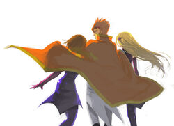  1boy 2girls belt blonde_hair brown_hair cape coat code_geass commentary_request cowboy_shot floating_cape floating_hair from_behind kiritachi knights_of_the_round_uniform liliana_vergamon long_hair luciano_bradley marika_soresi multiple_girls orange_hair simple_background spiked_hair uniform very_long_hair walking white_background wind 